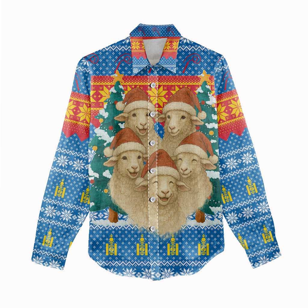 Mongolia Christmas Women Casual Shirt with Santa Sheep Christmas Trees and Snowflake - Wonder Print Shop