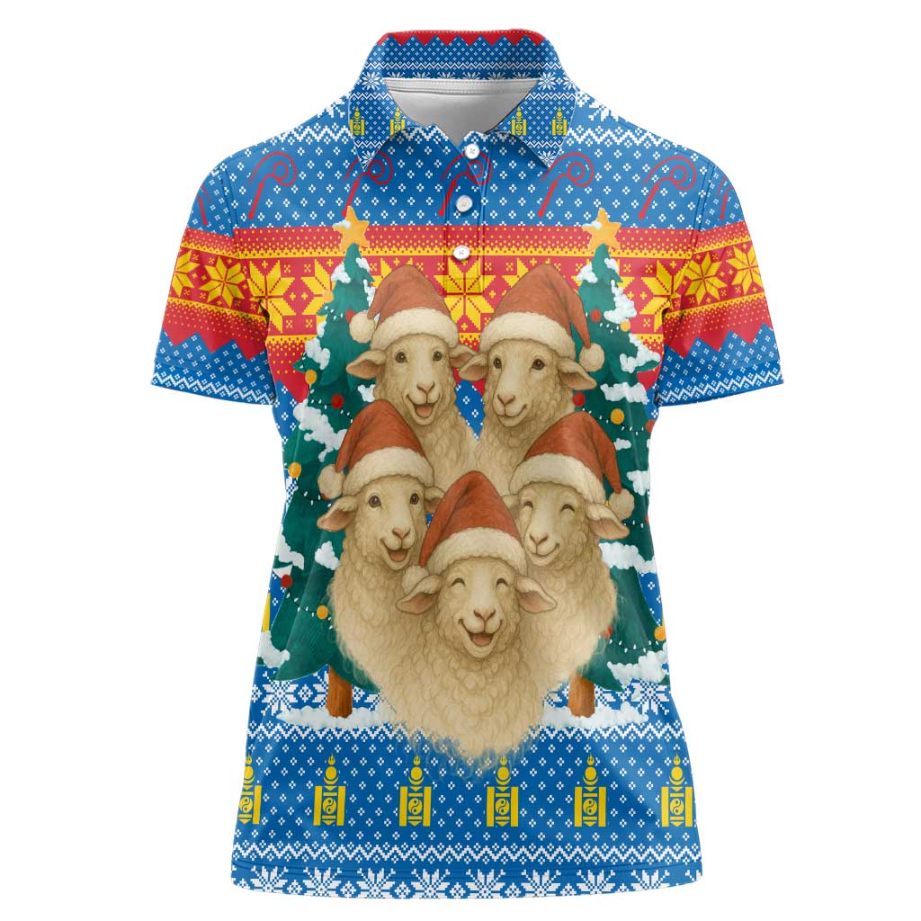 Mongolia Christmas Women Polo Shirt with Santa Sheep Christmas Trees and Snowflake - Wonder Print Shop