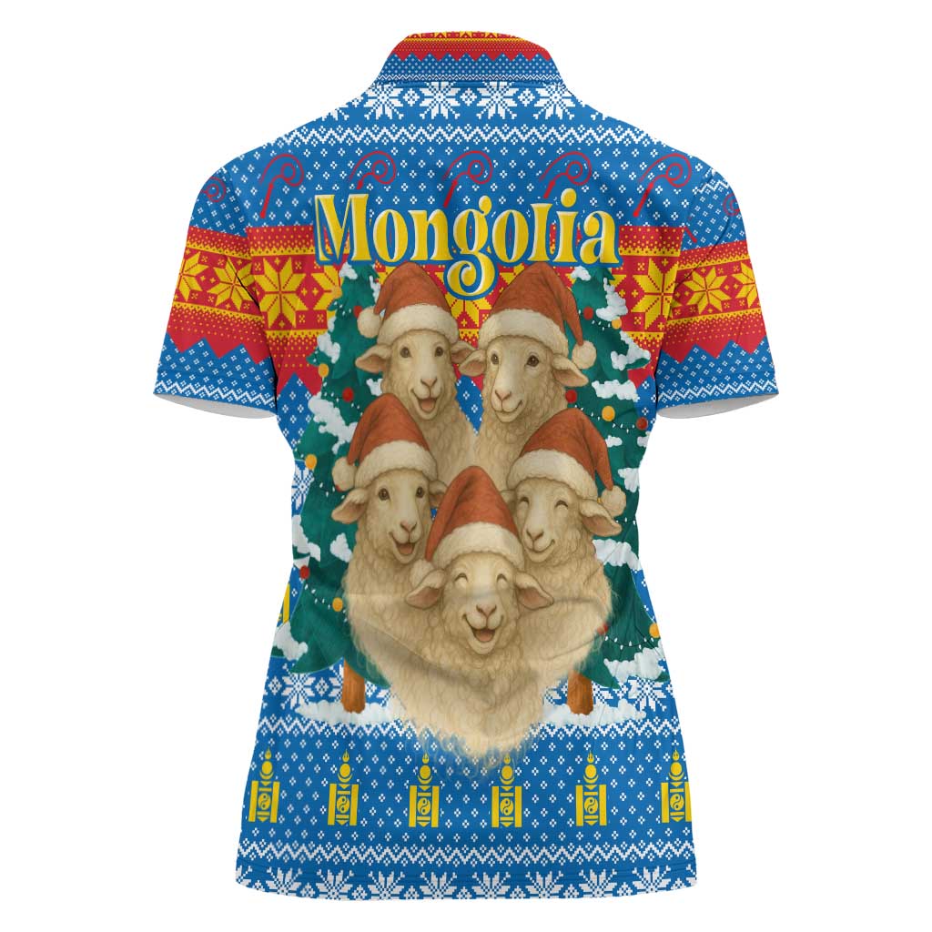 Mongolia Christmas Women Polo Shirt with Santa Sheep Christmas Trees and Snowflake - Wonder Print Shop