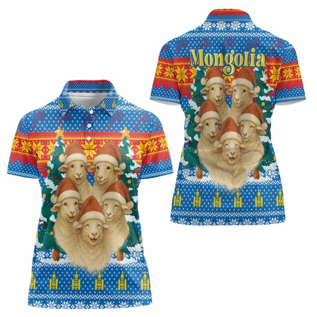 Mongolia Christmas Women Polo Shirt with Santa Sheep Christmas Trees and Snowflake - Wonder Print Shop