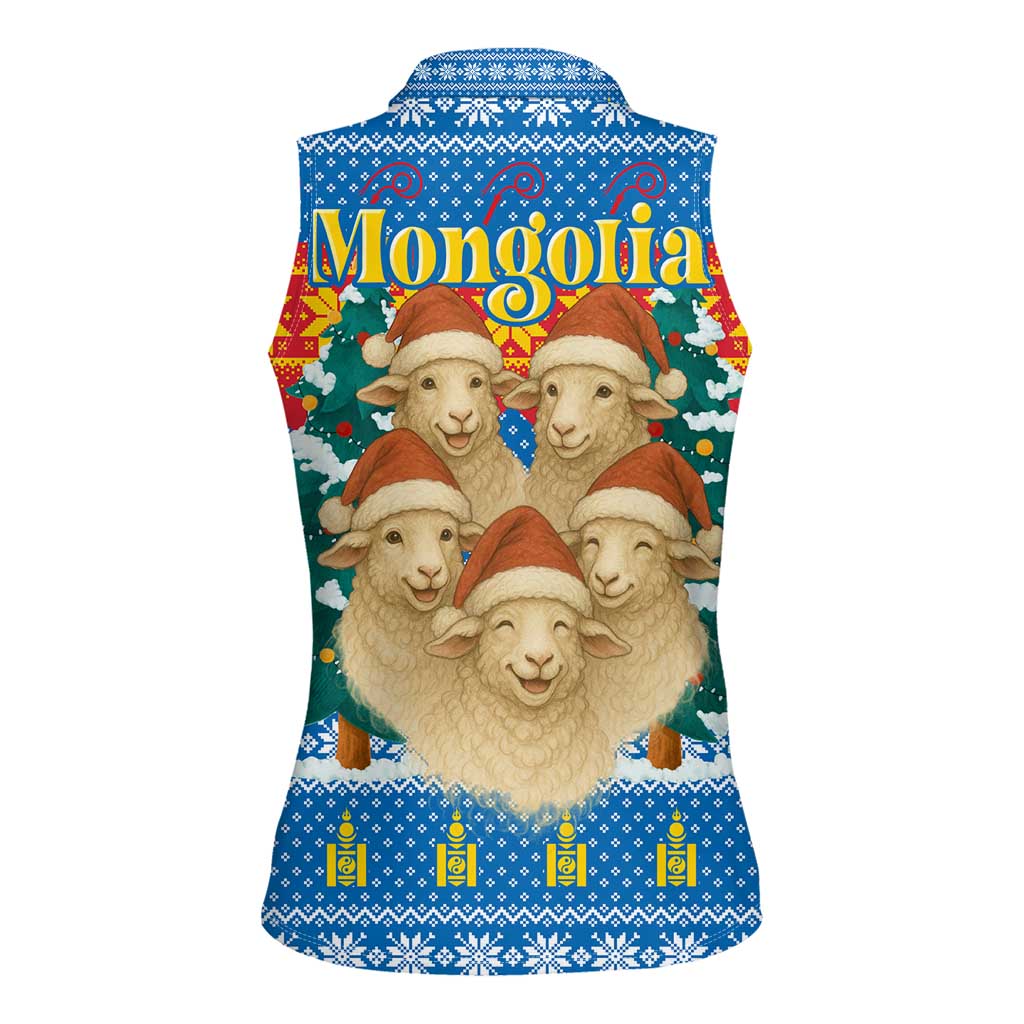 Mongolia Christmas Women Sleeveless Polo Shirt with Santa Sheep Christmas Trees and Snowflake - Wonder Print Shop