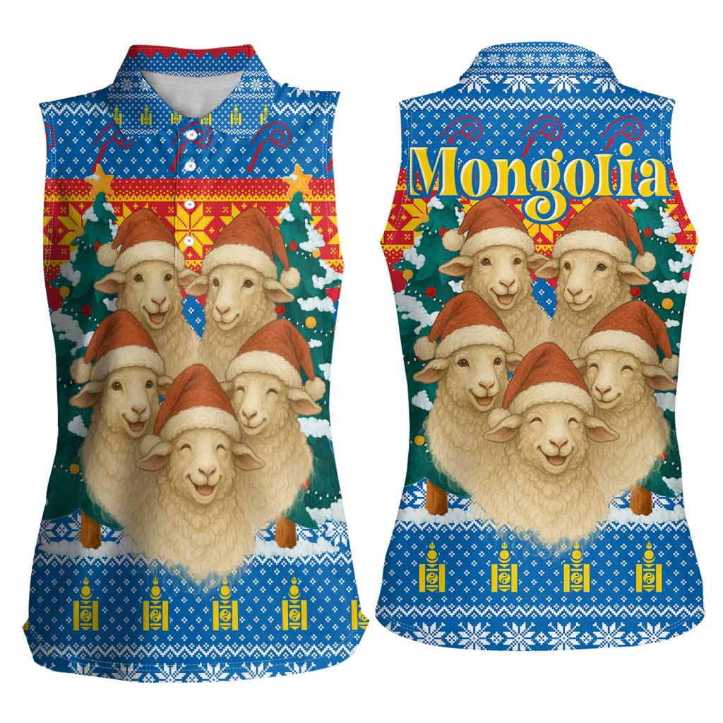 Mongolia Christmas Women Sleeveless Polo Shirt with Santa Sheep Christmas Trees and Snowflake - Wonder Print Shop