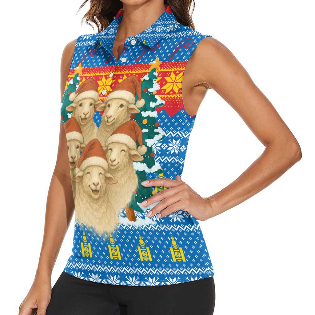 Mongolia Christmas Women Sleeveless Polo Shirt with Santa Sheep Christmas Trees and Snowflake - Wonder Print Shop