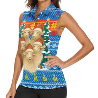 Mongolia Christmas Women Sleeveless Polo Shirt with Santa Sheep Christmas Trees and Snowflake - Wonder Print Shop