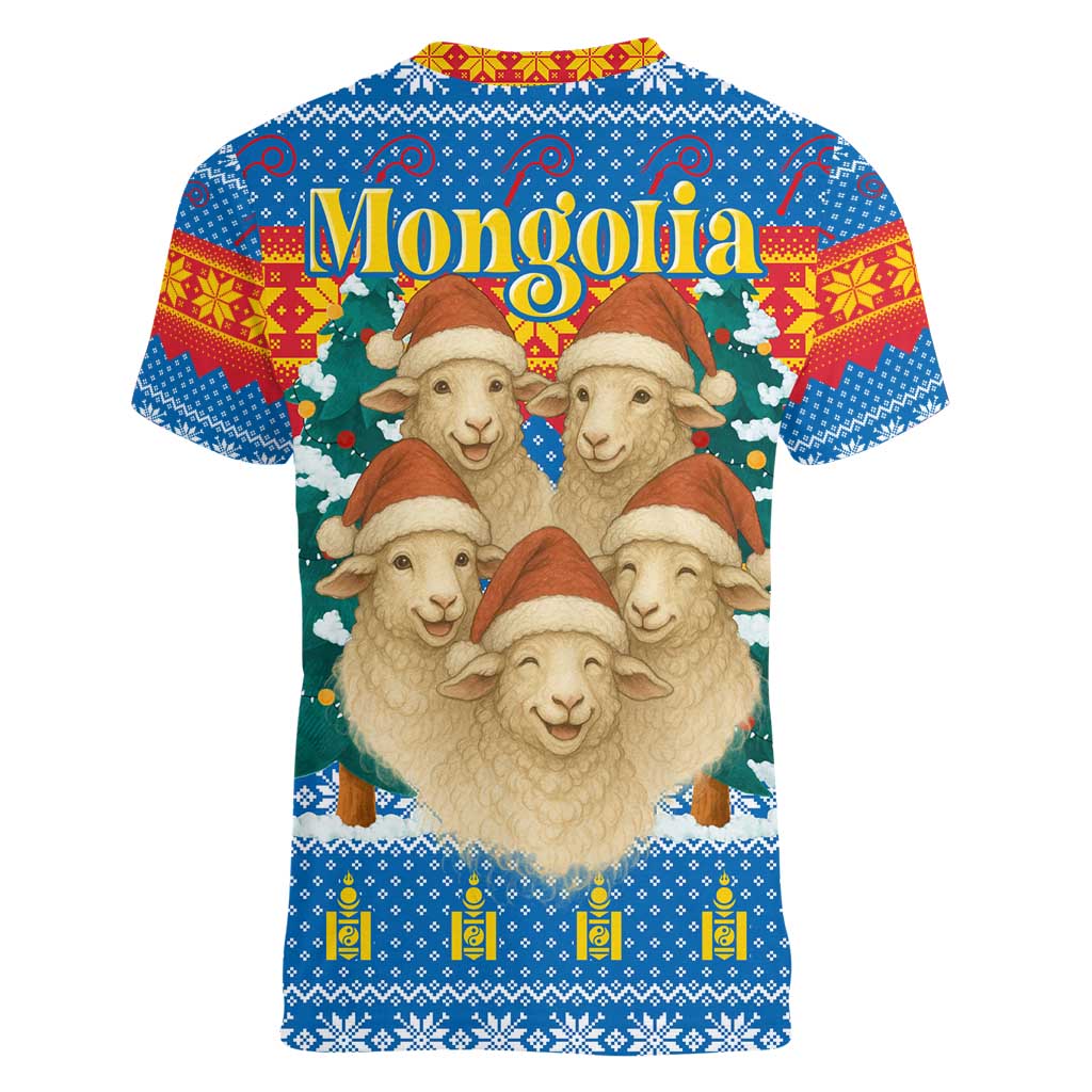 Mongolia Christmas Women V-Neck T-Shirt with Santa Sheep Christmas Trees and Snowflake - Wonder Print Shop