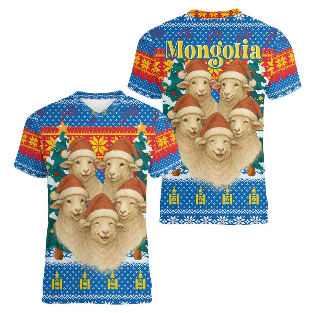 Mongolia Christmas Women V-Neck T-Shirt with Santa Sheep Christmas Trees and Snowflake - Wonder Print Shop