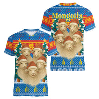 Mongolia Christmas Women V-Neck T-Shirt with Santa Sheep Christmas Trees and Snowflake - Wonder Print Shop