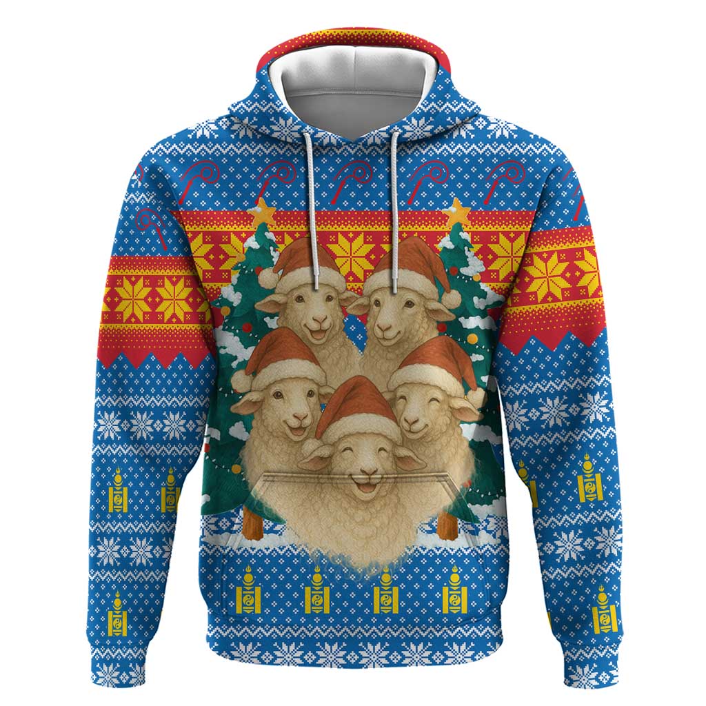 Mongolia Christmas Zip Hoodie with Santa Sheep Christmas Trees and Snowflake - Wonder Print Shop