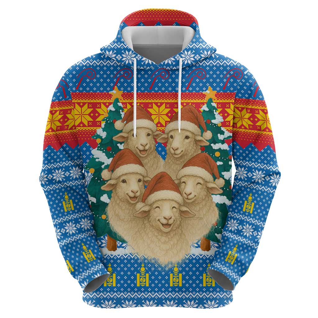 Mongolia Christmas Zip Hoodie with Santa Sheep Christmas Trees and Snowflake - Wonder Print Shop