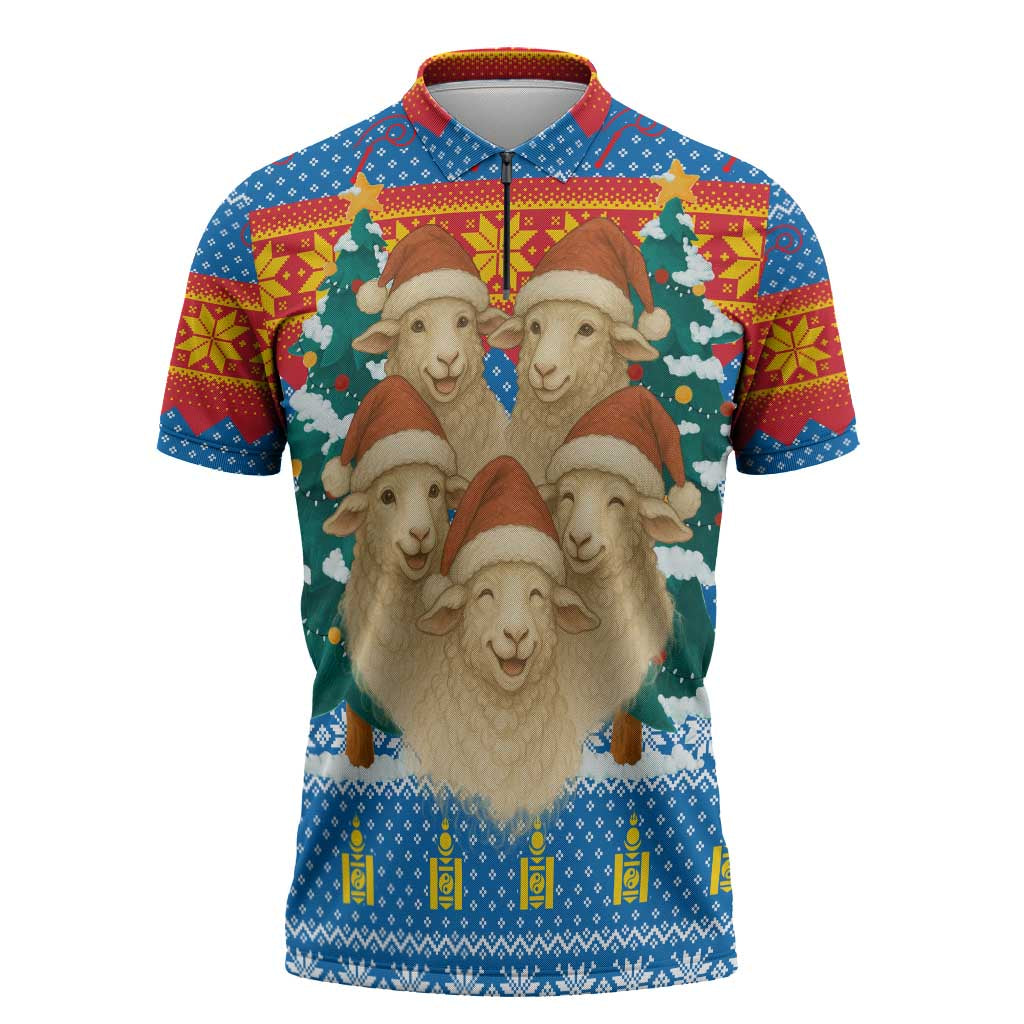 Mongolia Christmas Zipper Polo Shirt with Santa Sheep Christmas Trees and Snowflake - Wonder Print Shop