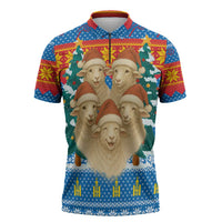 Mongolia Christmas Zipper Polo Shirt with Santa Sheep Christmas Trees and Snowflake - Wonder Print Shop