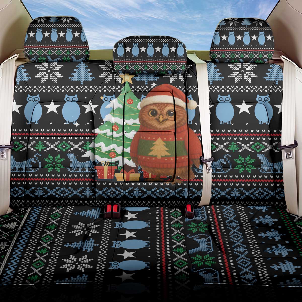 Micronesia Christmas Back Car Seat Cover with Santa Owl Christmas Tree Gifts and Snowflake - Wonder Print Shop