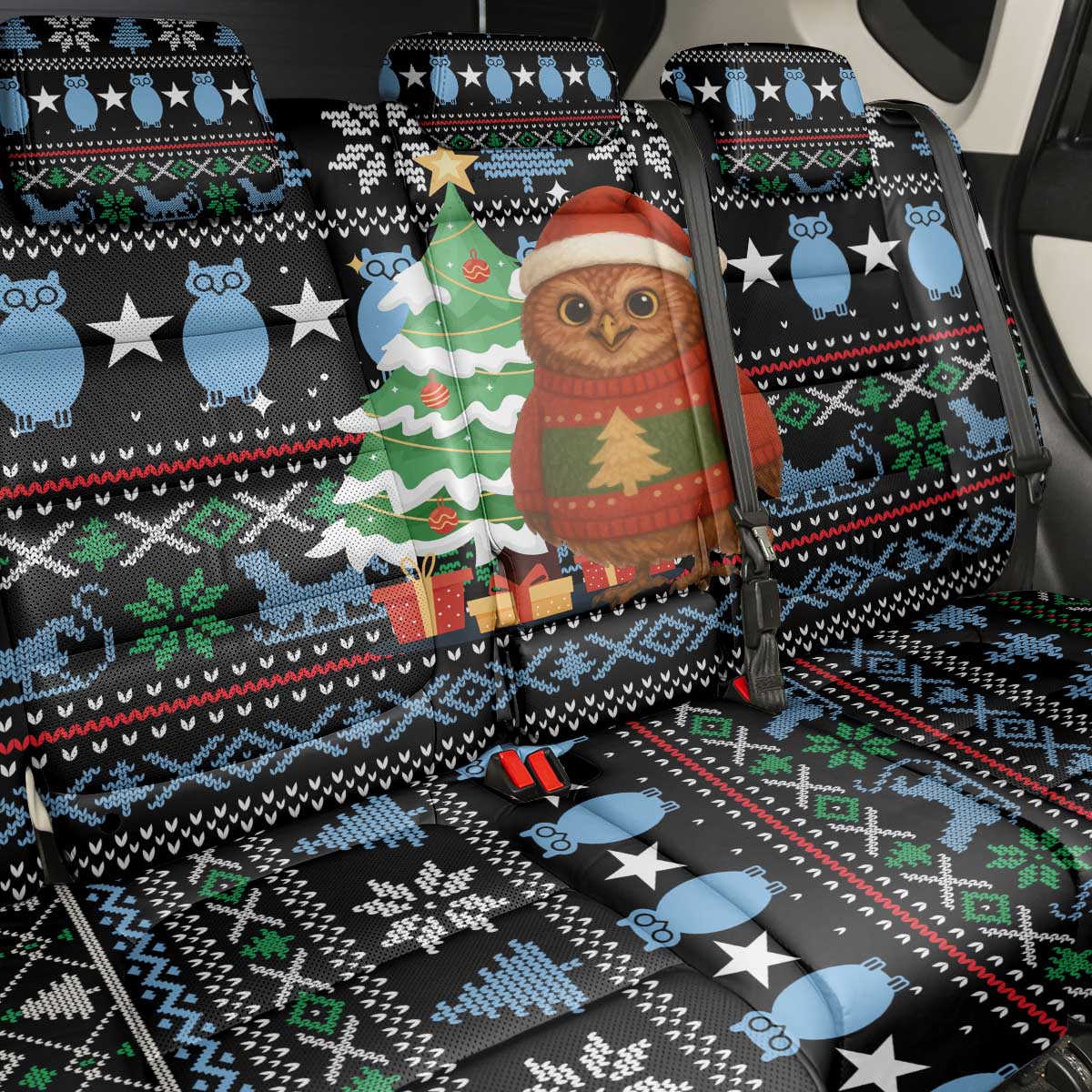Micronesia Christmas Back Car Seat Cover with Santa Owl Christmas Tree Gifts and Snowflake - Wonder Print Shop