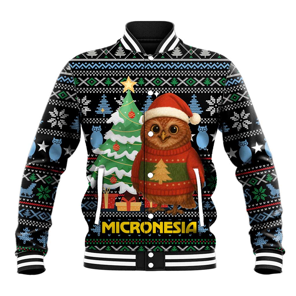 Micronesia Christmas Baseball Jacket with Santa Owl Christmas Tree Gifts and Snowflake - Wonder Print Shop