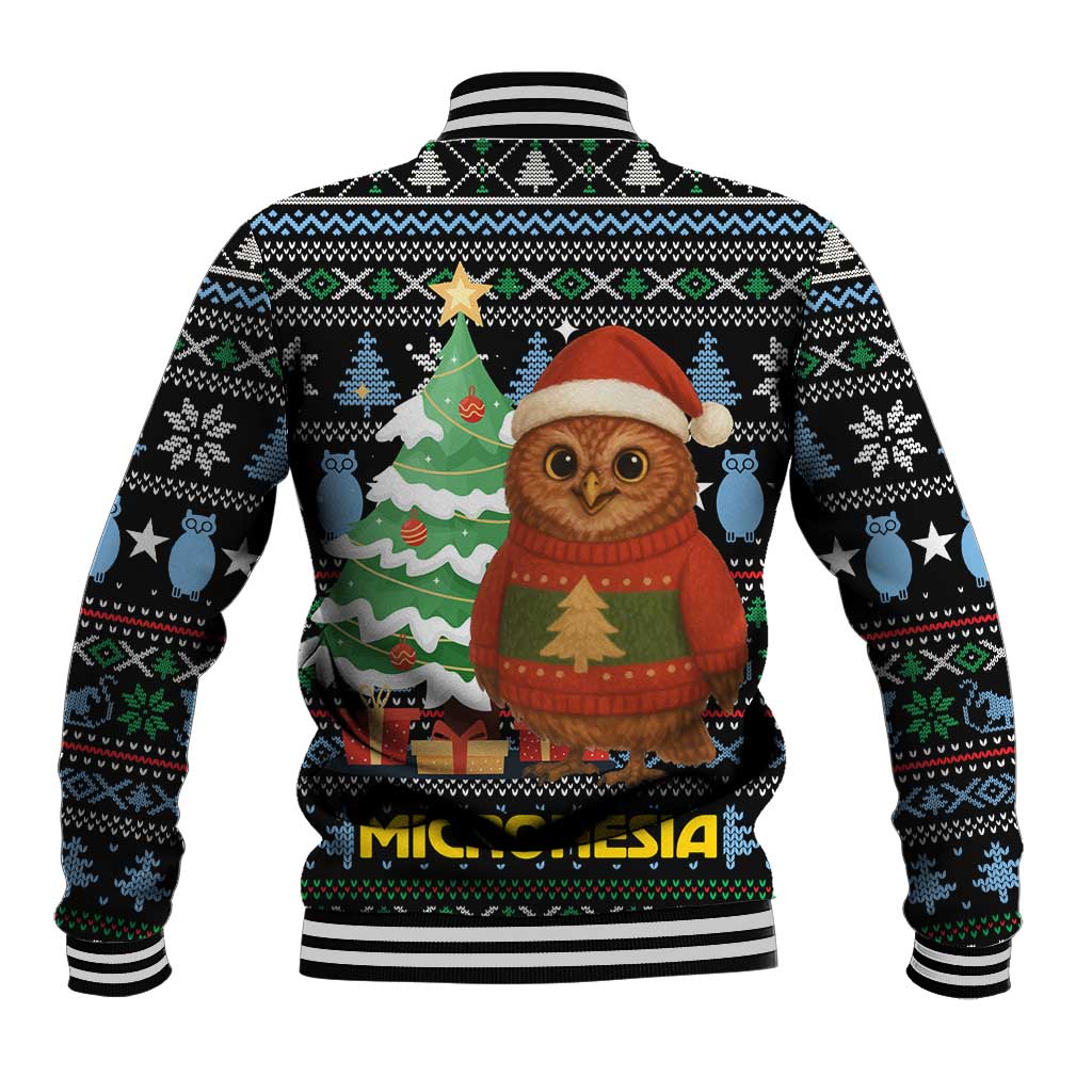 Micronesia Christmas Baseball Jacket with Santa Owl Christmas Tree Gifts and Snowflake - Wonder Print Shop
