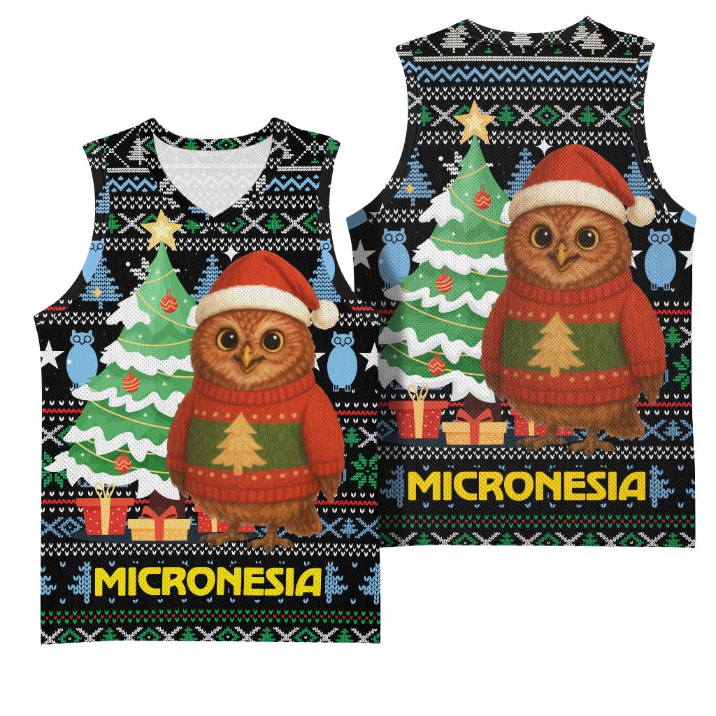 Micronesia Christmas Basketball Jersey with Santa Owl Christmas Tree Gifts and Snowflake - Wonder Print Shop