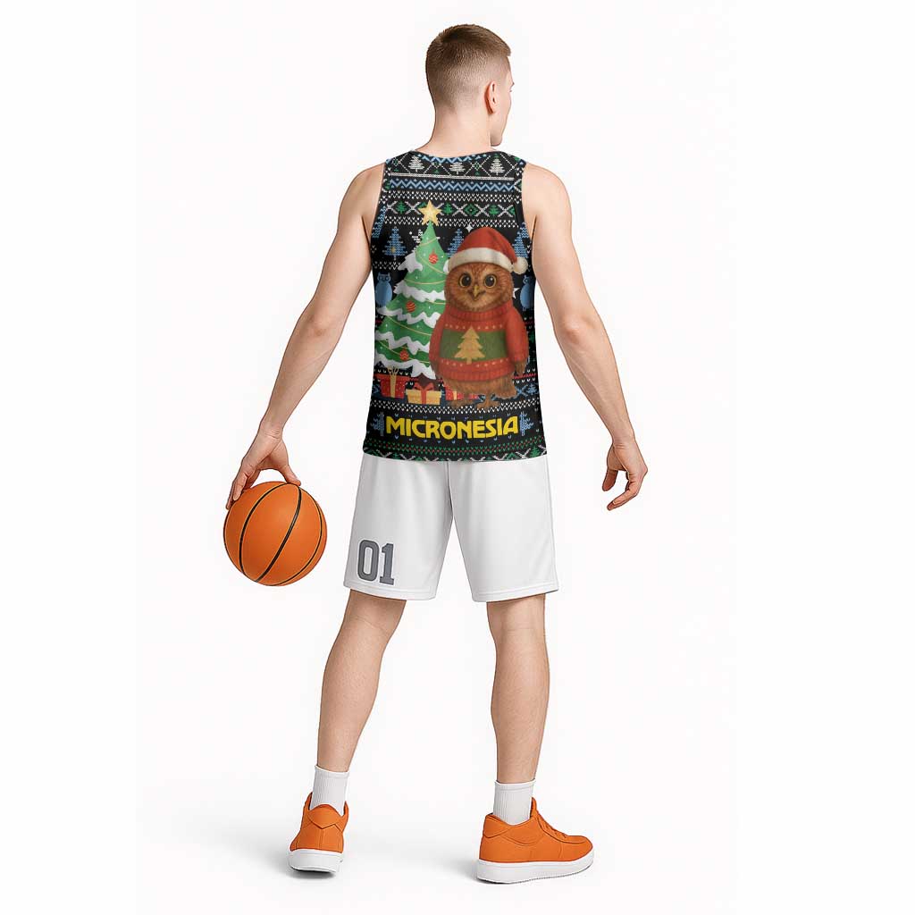 Micronesia Christmas Basketball Jersey with Santa Owl Christmas Tree Gifts and Snowflake - Wonder Print Shop