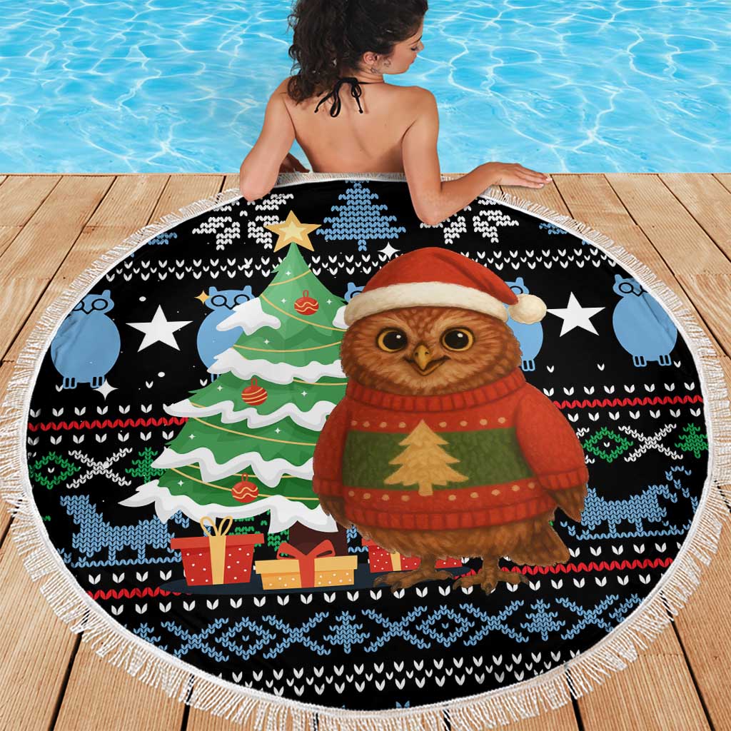 Micronesia Christmas Beach Blanket with Santa Owl Christmas Tree Gifts and Snowflake - Wonder Print Shop