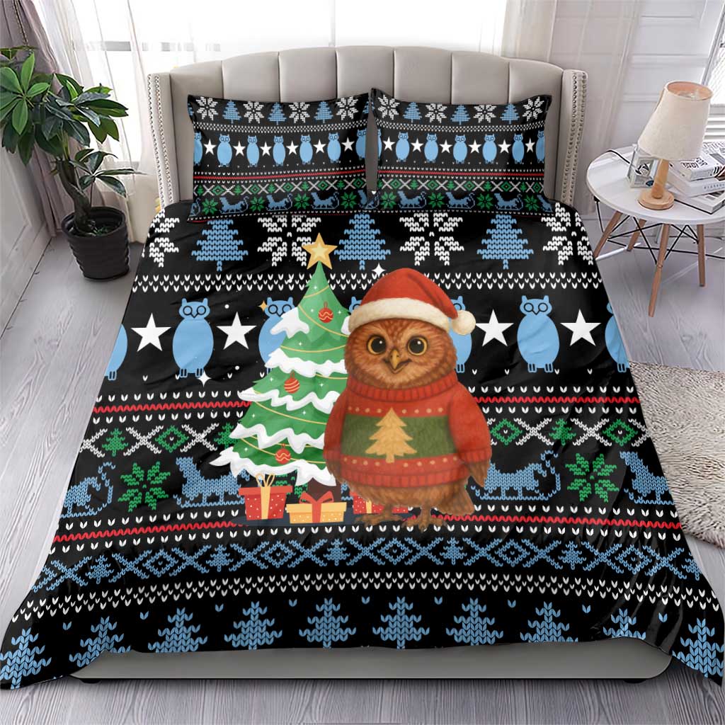 Micronesia Christmas Bedding Set with Santa Owl Christmas Tree Gifts and Snowflake - Wonder Print Shop