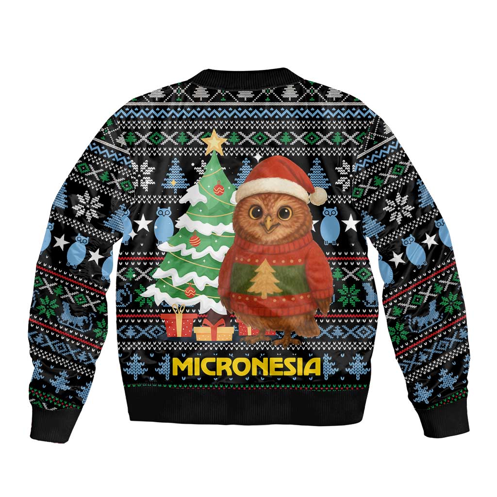 Micronesia Christmas Bomber Jacket with Santa Owl Christmas Tree Gifts and Snowflake - Wonder Print Shop