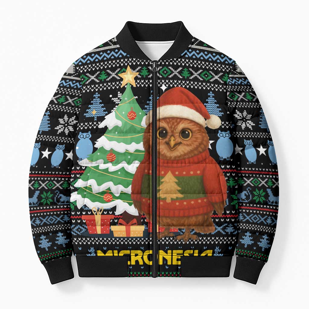 Micronesia Christmas Bomber Puffer Jacket with Santa Owl Christmas Tree Gifts and Snowflake - Wonder Print Shop