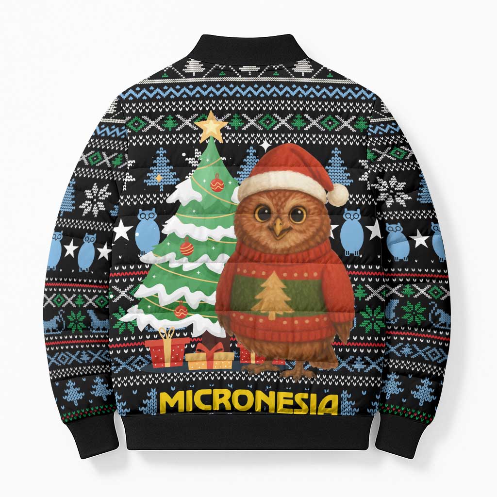 Micronesia Christmas Bomber Puffer Jacket with Santa Owl Christmas Tree Gifts and Snowflake - Wonder Print Shop
