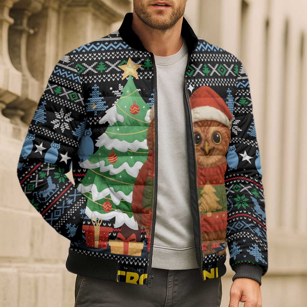 Micronesia Christmas Bomber Puffer Jacket with Santa Owl Christmas Tree Gifts and Snowflake - Wonder Print Shop