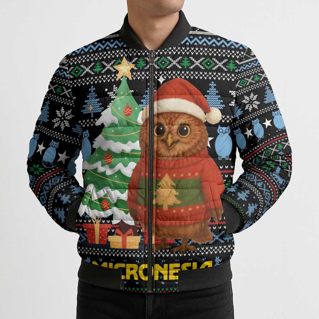Micronesia Christmas Bomber Puffer Jacket with Santa Owl Christmas Tree Gifts and Snowflake - Wonder Print Shop