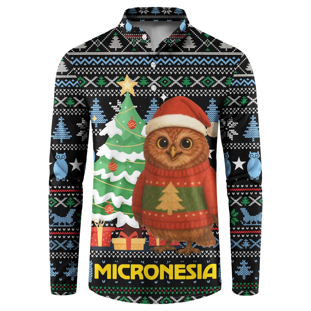 Micronesia Christmas Button Sweatshirt with Santa Owl Christmas Tree Gifts and Snowflake - Wonder Print Shop