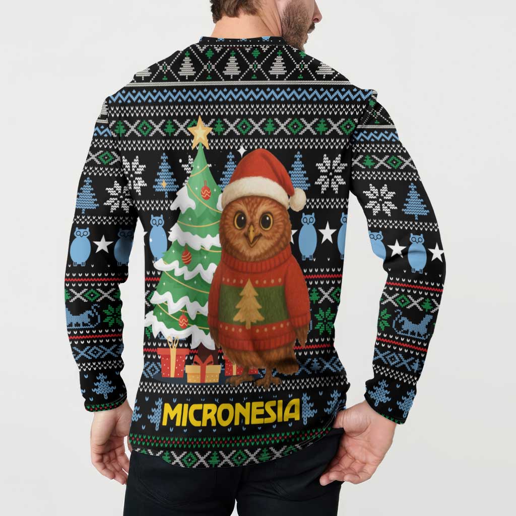 Micronesia Christmas Button Sweatshirt with Santa Owl Christmas Tree Gifts and Snowflake - Wonder Print Shop