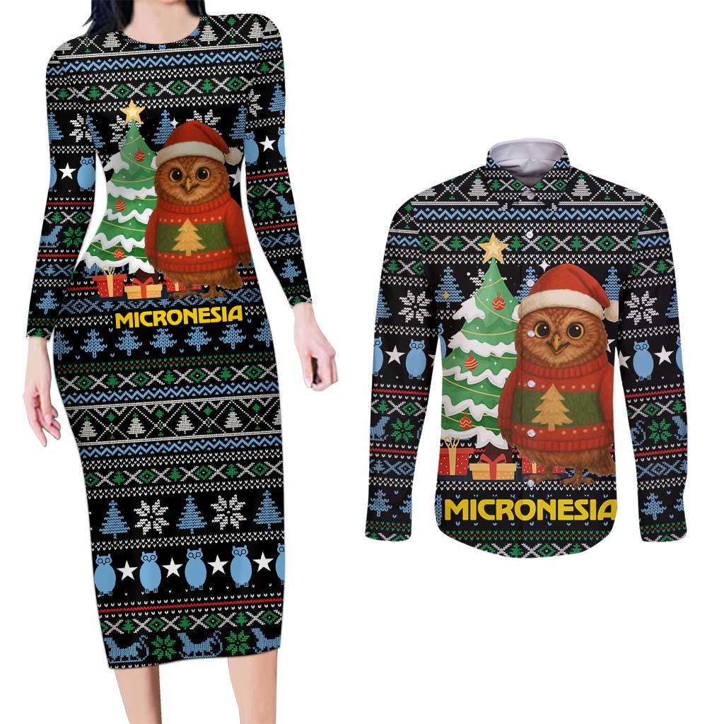 Micronesia Christmas Couples Matching Long Sleeve Bodycon Dress and Long Sleeve Button Shirt with Santa Owl Christmas Tree Gifts and Snowflake - Wonder Print Shop