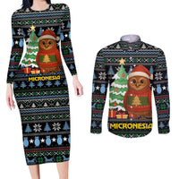 Micronesia Christmas Couples Matching Long Sleeve Bodycon Dress and Long Sleeve Button Shirt with Santa Owl Christmas Tree Gifts and Snowflake - Wonder Print Shop