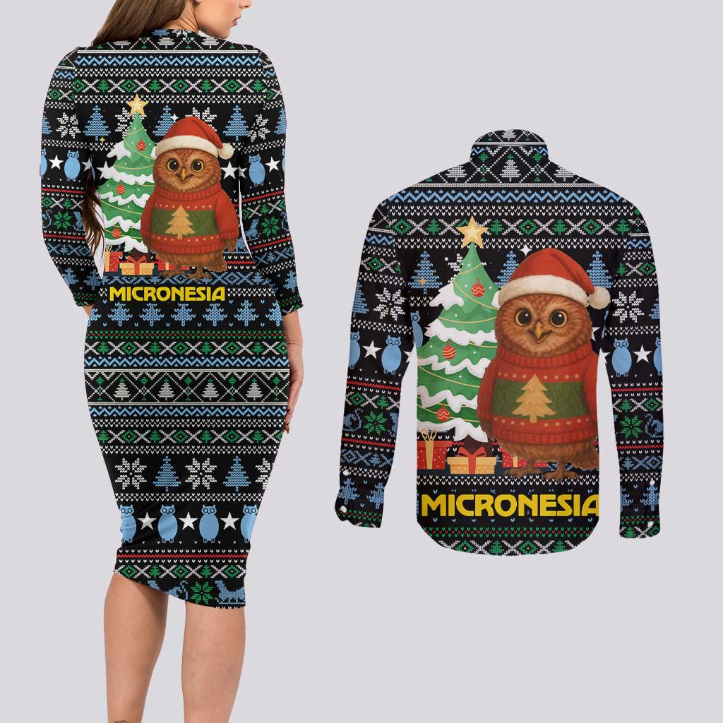 Micronesia Christmas Couples Matching Long Sleeve Bodycon Dress and Long Sleeve Button Shirt with Santa Owl Christmas Tree Gifts and Snowflake - Wonder Print Shop