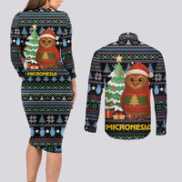Micronesia Christmas Couples Matching Long Sleeve Bodycon Dress and Long Sleeve Button Shirt with Santa Owl Christmas Tree Gifts and Snowflake - Wonder Print Shop