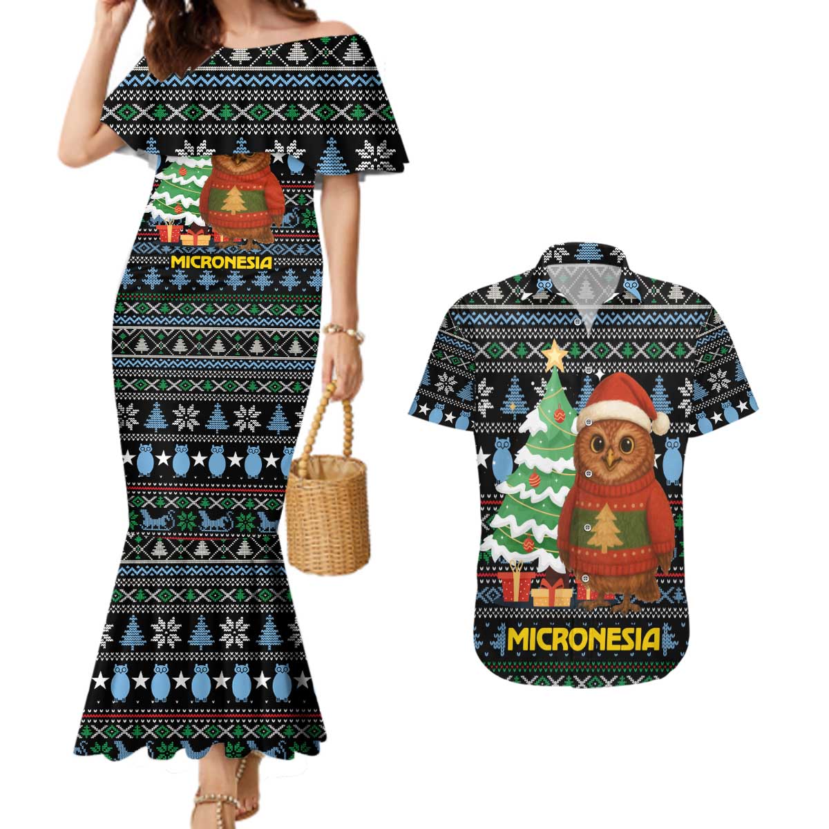 Micronesia Christmas Couples Matching Mermaid Dress and Hawaiian Shirt with Santa Owl Christmas Tree Gifts and Snowflake - Wonder Print Shop