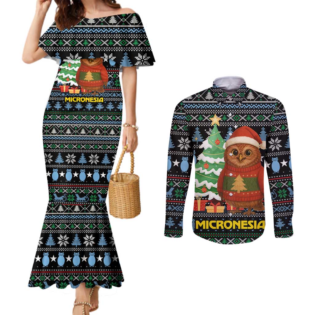 Micronesia Christmas Couples Matching Mermaid Dress and Long Sleeve Button Shirt with Santa Owl Christmas Tree Gifts and Snowflake - Wonder Print Shop