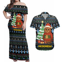 Micronesia Christmas Couples Matching Off Shoulder Maxi Dress and Hawaiian Shirt with Santa Owl Christmas Tree Gifts and Snowflake - Wonder Print Shop