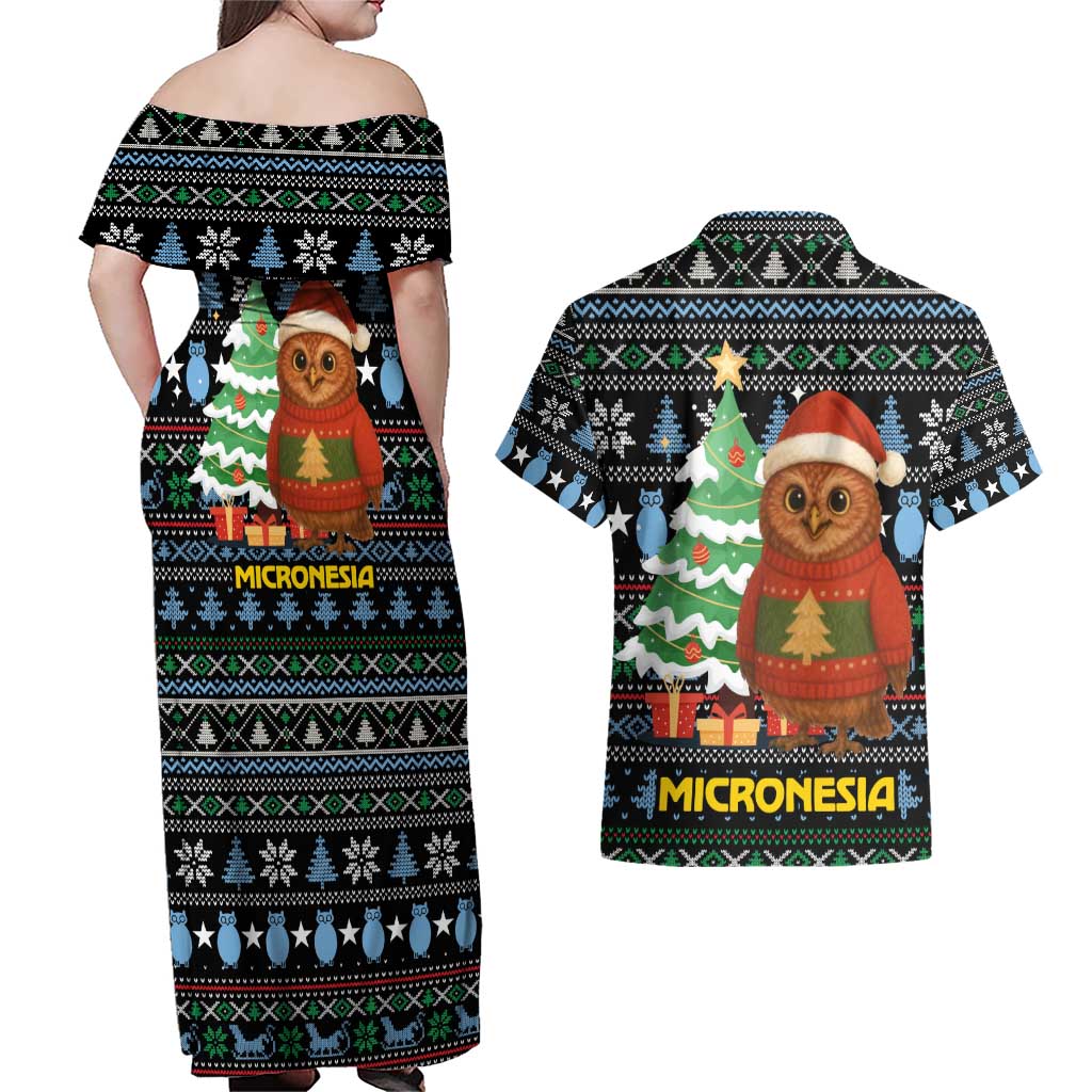 Micronesia Christmas Couples Matching Off Shoulder Maxi Dress and Hawaiian Shirt with Santa Owl Christmas Tree Gifts and Snowflake - Wonder Print Shop