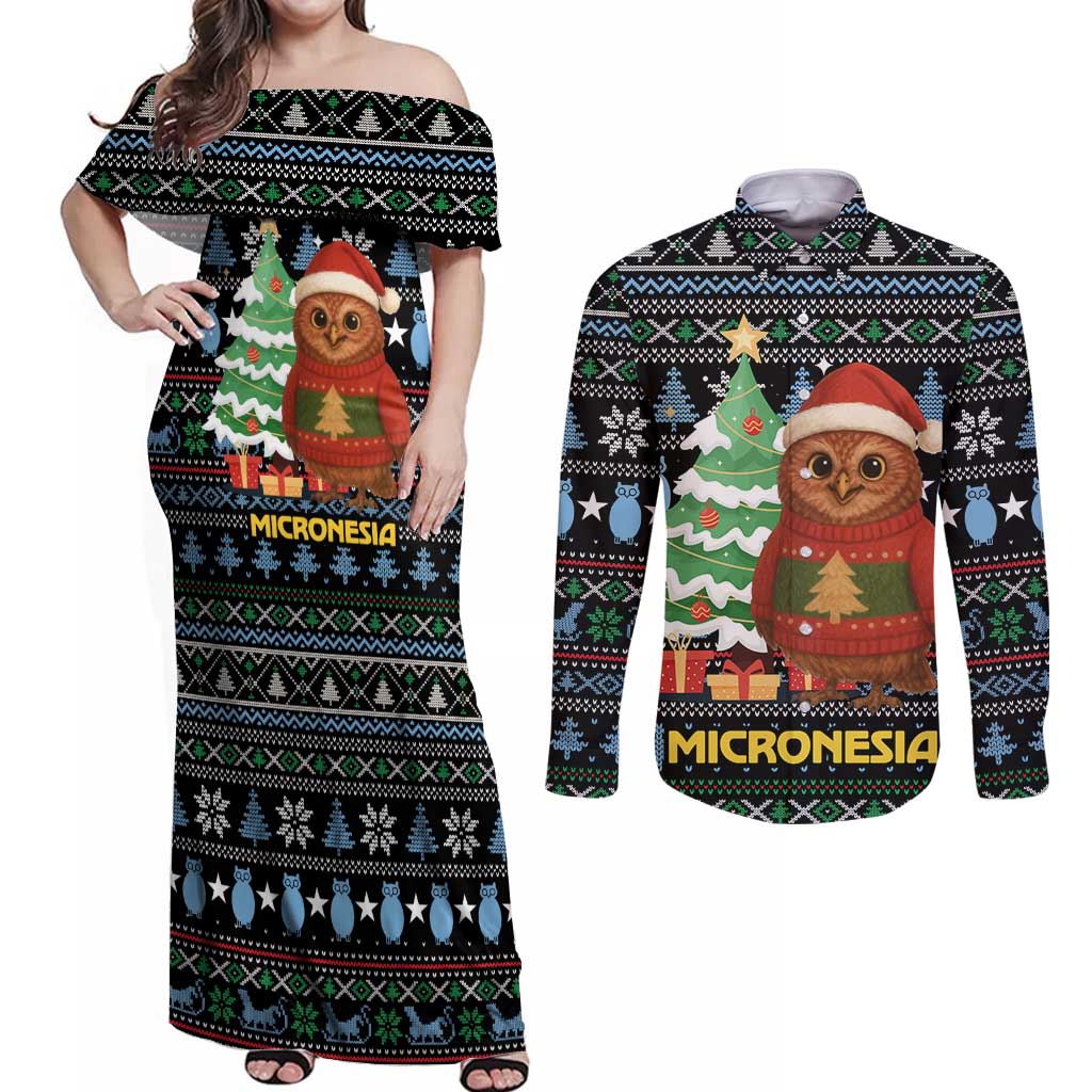 Micronesia Christmas Couples Matching Off Shoulder Maxi Dress and Long Sleeve Button Shirt with Santa Owl Christmas Tree Gifts and Snowflake - Wonder Print Shop