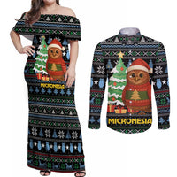 Micronesia Christmas Couples Matching Off Shoulder Maxi Dress and Long Sleeve Button Shirt with Santa Owl Christmas Tree Gifts and Snowflake - Wonder Print Shop