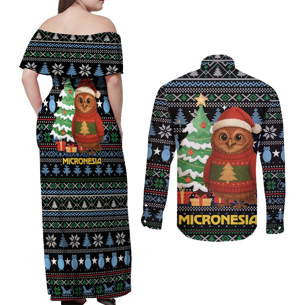 Micronesia Christmas Couples Matching Off Shoulder Maxi Dress and Long Sleeve Button Shirt with Santa Owl Christmas Tree Gifts and Snowflake - Wonder Print Shop