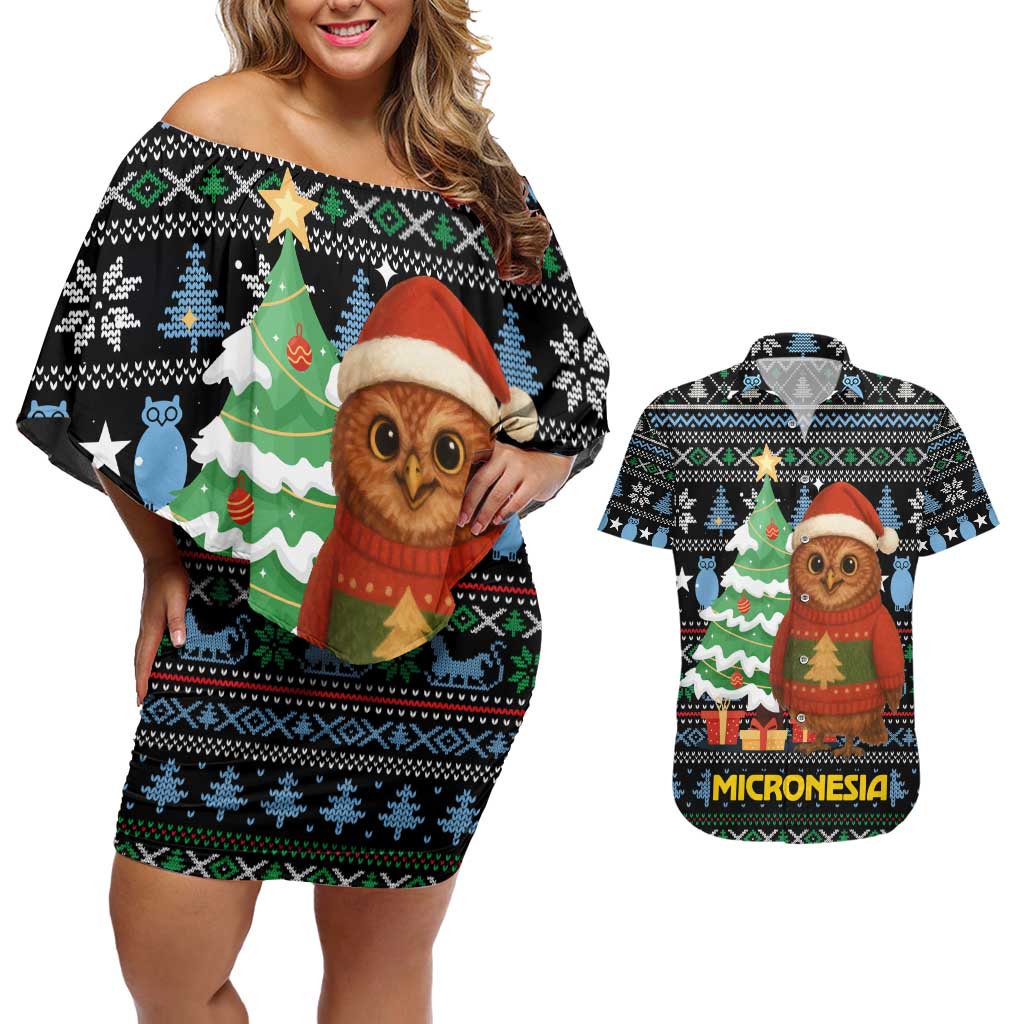 Micronesia Christmas Couples Matching Off Shoulder Short Dress and Hawaiian Shirt with Santa Owl Christmas Tree Gifts and Snowflake - Wonder Print Shop