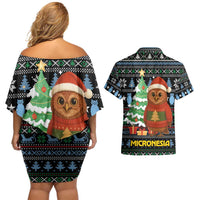 Micronesia Christmas Couples Matching Off Shoulder Short Dress and Hawaiian Shirt with Santa Owl Christmas Tree Gifts and Snowflake - Wonder Print Shop
