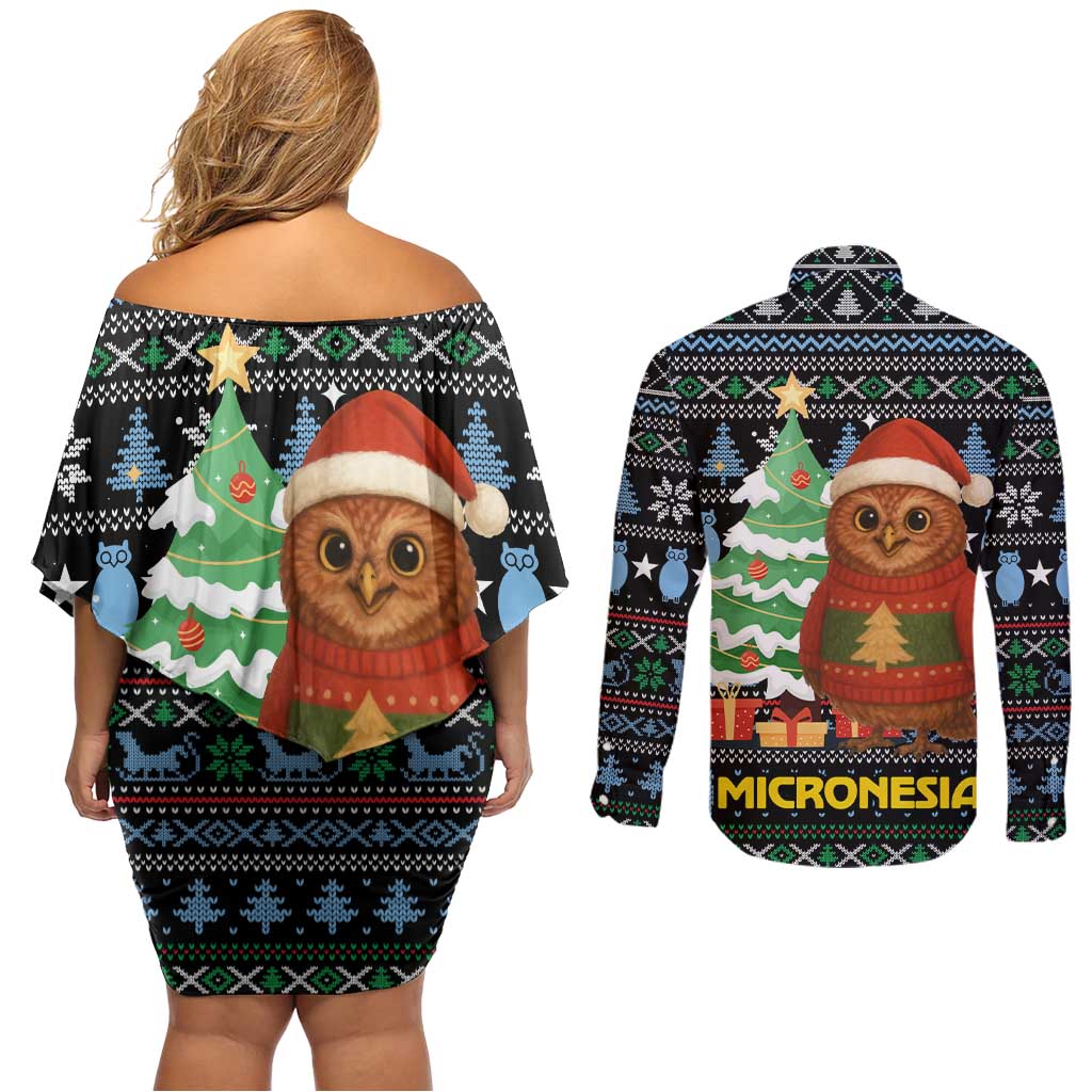Micronesia Christmas Couples Matching Off Shoulder Short Dress and Long Sleeve Button Shirt with Santa Owl Christmas Tree Gifts and Snowflake - Wonder Print Shop