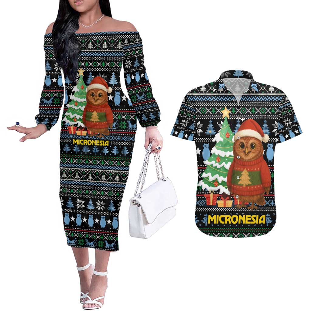 Micronesia Christmas Couples Matching Off The Shoulder Long Sleeve Dress and Hawaiian Shirt with Santa Owl Christmas Tree Gifts and Snowflake - Wonder Print Shop
