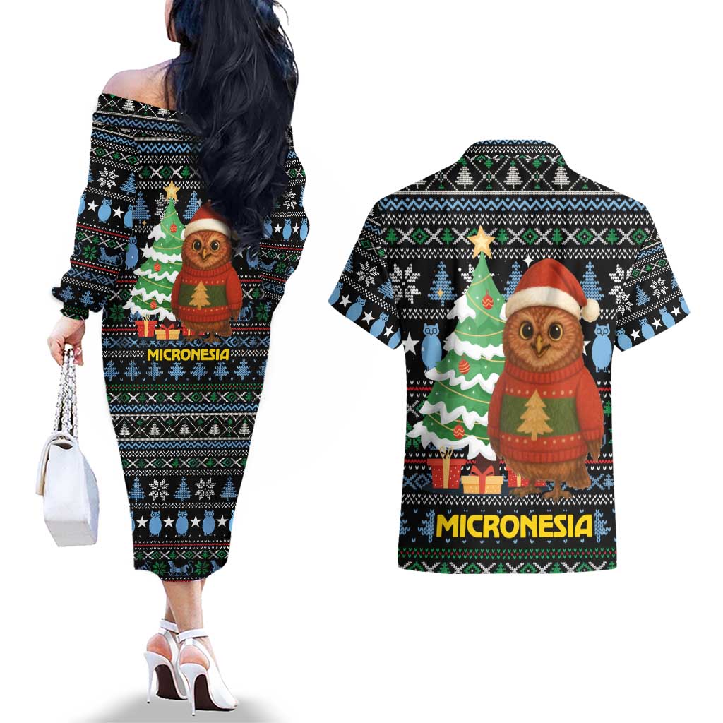 Micronesia Christmas Couples Matching Off The Shoulder Long Sleeve Dress and Hawaiian Shirt with Santa Owl Christmas Tree Gifts and Snowflake - Wonder Print Shop