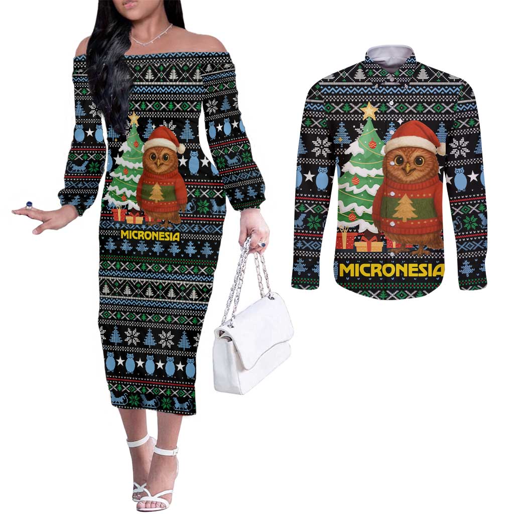 Micronesia Christmas Couples Matching Off The Shoulder Long Sleeve Dress and Long Sleeve Button Shirt with Santa Owl Christmas Tree Gifts and Snowflake - Wonder Print Shop
