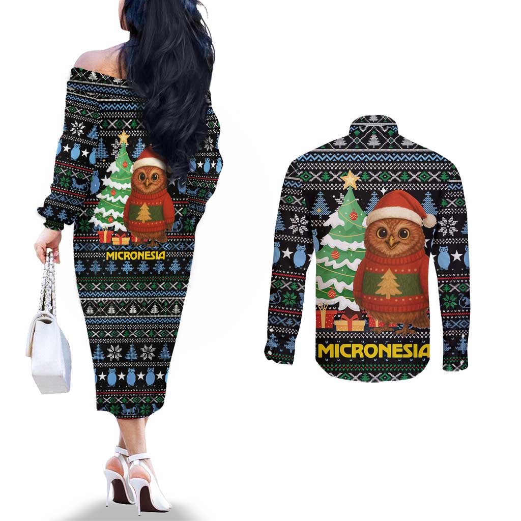 Micronesia Christmas Couples Matching Off The Shoulder Long Sleeve Dress and Long Sleeve Button Shirt with Santa Owl Christmas Tree Gifts and Snowflake - Wonder Print Shop