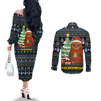 Micronesia Christmas Couples Matching Off The Shoulder Long Sleeve Dress and Long Sleeve Button Shirt with Santa Owl Christmas Tree Gifts and Snowflake - Wonder Print Shop