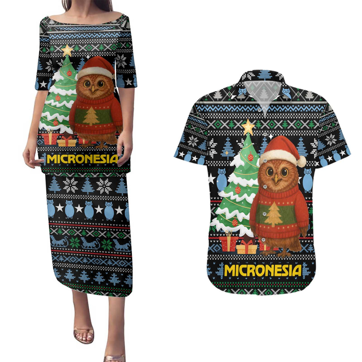 Micronesia Christmas Couples Matching Puletasi and Hawaiian Shirt with Santa Owl Christmas Tree Gifts and Snowflake - Wonder Print Shop